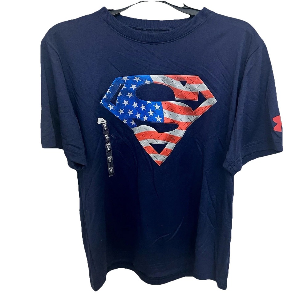Under Armour Superman HeatGear T-shirt navy blue‎ American Flag Size YL  NWT